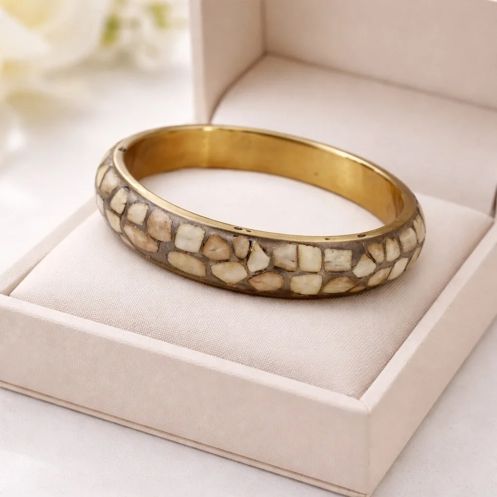 VTG Bone Mosaic Brass Bangle | African Statement Bracelet | Handmade Bone Inlay